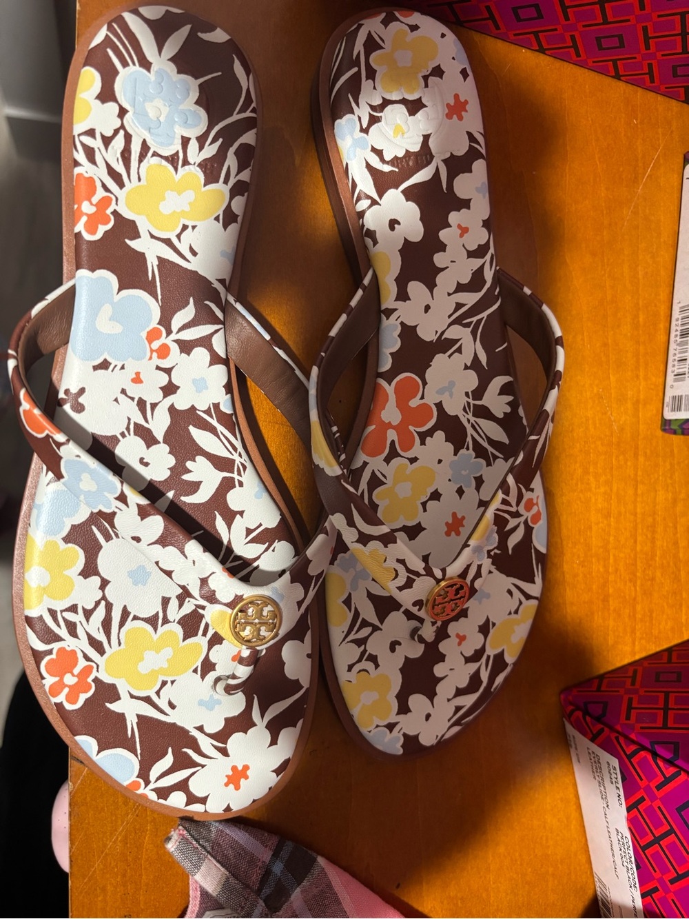 Tory Burch Brown Floral Flip-Flop Sandals with Blue Yellow and Orange Accents